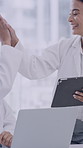 Tablet, science team or high five in lab for research breakthrough, success or cure discovery. Scientist, tech or women celebrate medical achievement, pharmaceutical innovation or happy with results