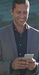 Business, phone and typing with man in city for communication, opportunity or travel update. App, smile and text message with happy employee person outdoor in urban town for commute or directions