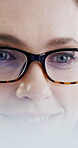 Closeup, glasses and woman in office for optometry, optical or eye exam for vision. Happiness, astigmatism and female person in workplace with spectacles, glaucoma test or wellness in eyecare.