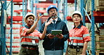Business people, tablet or warehouse manager with team for inventory, supply chain or storage check. Group, employees or inspector with technology for shipping, distribution or logistics in depot