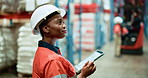 Black woman, tablet and warehouse inspection for shipping, checklist or scroll for inventory management. Person, tech and thinking with app, storage and stock for supply chain at distribution plant