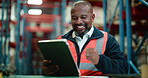 Supply chain, happy man and fist pump in warehouse with tablet, shipping success and distribution goal. Mature black person, scroll or celebration with tech, logistics target or dispatch achievement.