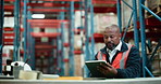 Man, contractor and warehouse with tablet for logistics, supply chain or inventory inspection. Male person, employee or distributor with technology for checking stock or quality assurance in depot