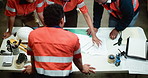 People, construction and meeting with blueprint in warehouse above for supply chain expansion. Top view, group or team with documents for layout or building plan for storage improvement in depot