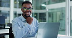 Face, black man and laptop in office for finance report, company audit or online research. Accountant, portrait and business person with tech for performance review, management or bookkeeping at firm