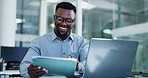 Business, laptop and black man on tablet for finance review, research and investment in office. Corporate, professional and person on digital tech for financial report, proposal or website for budget