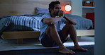 Night, thinking and man in bedroom, stress and depression with insomnia, mistake and overwhelmed. Evening, house or sad person with ptsd, frustrated or anxiety with mental health, burnout or confused