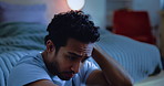 Night, decision and man in bedroom, stress and depression with insomnia, ptsd and overwhelmed. Evening, home or sad person with anxiety, frustrated or thinking with mental health, wake up or confused