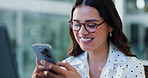 Laughing, businesswoman and scroll with smartphone, office and communication with contact on website. Texting, online and person with mobile for funny message, glasses and employee with tech on break