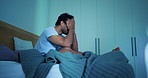 Night, shouting and man with anxiety, mental health and desperate prayer for insomnia in bedroom. Late, frustrated and anxious person with depression, screaming and praying for sleeplessness in home.