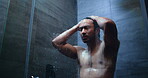 Mental health, frustrated or man in shower with fatigue, anxiety trigger or memory of past trauma. Flashback, space and male person in house with sadness, stress or exhausted in emotional crisis.