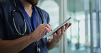 Hands, nurse and typing with tablet in hospital for patient information, appointment and schedule. Clinic, database and healthcare person with technology for telehealth, medical service or research