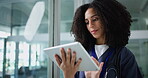 Woman, nurse and scroll with tablet in hospital for patient information, appointment and schedule. Clinic, database and healthcare person with technology for telehealth, medical service or research