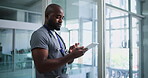 Doctor, tablet or black man typing in hospital, update medical record or access patient history info. Online treatment plan, tech or physician with remote vital monitoring, healthcare or test results