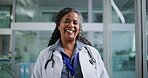 Face, happy woman and doctor in hospital with pride for medical service, patient support and help. Confident, mature person or healthcare worker in clinic with smile, career development and about us.