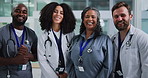 Happy, group and face of doctors in hospital with confidence for healthcare career with collaboration. Manager, team and portrait of medical employees with smile and pride for support in clinic.