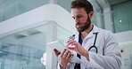 Medical, walking or man in hospital with tablet, research or patient diagnosis in online consulting. Healthcare, reading or doctor in clinic with tech, telehealth or case report for treatment plan.