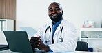 Smile, doctor and laptop with black man in office of hospital for about us, telehealth consultant and medical advisor. Professional, tech and healthcare with person in clinic for patient care