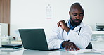Black man, doctor and reading with clipboard in office for research, medical report and patient history. Person, laptop and form for Telehealth, healthcare records and information for treatment plan