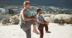 Warm up, stretching legs or men outdoor for fitness training, performance or health practice for workout. Friends, active or people with mobility exercise for wellness, nature or balance challenge