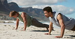 Fitness, push up or men on beach for workout, arm muscle training or friends together for calisthenics. Performance, active or people by sea with strength for exercise routine, wellness or challenge