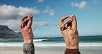 Back, seaside and men with fitness, stretching and wellness with balance, morning routine and workout. Ocean, training and healthy people with exercise, coastline and shirtless with warm up in Miami