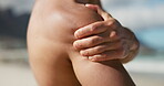 Fitness, massage or hands outdoor with shoulder pain, cardio injury or physical risk in exercise. Sports, tension or athlete outside with joint inflammation, tendinitis or muscle strain in workout.