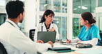 Laptop, document and doctor in meeting with conversation, cooperation and healthcare. Medical people, discussion and team in hospital with tech, research and feedback for diagnosis or schedule
