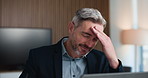 Frustrated, businessman and headache with stress on laptop for mistake or bad news in office. Tired, man or employee with eye strain on computer for rejection, deadline or financial loss in workplace