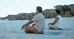 Meditation, peace and fitness with men at beach for mindfulness, spiritual balance and health. Chakra, relax and yoga routine with people outdoor for holistic wellness, breathing and zen on coast