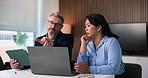 Business people, tablet and discussion with team in boardroom, review and laptop at insurance company. Mature man, woman and tech with app, pc or feedback with collaboration at risk management agency