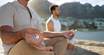 Meditation, lotus pose and hands with people at beach for mindfulness, spiritual balance and health. Chakra, mudra and yoga routine with friends outdoor for holistic wellness, healing and peace