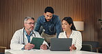 People, doctor and reading with laptop in office for planning, finance report and medical expenses. Manager, staff and briefing with tech for healthcare funding, revenue analysis and insurance claims
