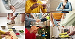 Hands, diversity and people with collage, coordination and gloves with touching. Closeup, man and woman with comfort, handshake and cleaning to remove bacteria, motor skills and yoga pose with safety