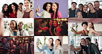 Friends, selfie and montage with face, happy and excited for memory, fitness and post on app. People, group and photography with profile picture on web, social media and smile with hug for bonding