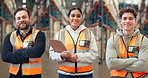 Engineer, people and face at warehouse, collage and arms crossed with pride, smile and inventory management. Technician, supply chain and happy in portrait for shipping, confident or storage at plant