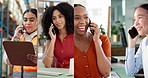 Series, phone call and women in offices, talk and communication for logistics, global and diversity. International, business and group with mobile for networking, montage and services for contacts