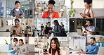 Office, montage and people with smartphone, happy and networking with tech, diversity and community. International, business and group with mobile for communication, series and services for contacts