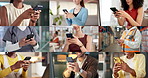 Hands, collage and people with smartphone, internet and social media with communication. Closeup, men and women with cellphone, online reading and digital app for chatting and message to contact