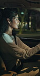 Driving, seatbelt and car with business woman for transportation, travel safety and night. Commute, journey and overtime trip with person or driver in vehicle for bokeh, ride and destination 