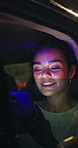 Night, woman and car window in city with phone, social media update and taxi service for transport. Late, female person thinking and journey in urban town with travel, tech and text message in cab.