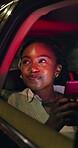Car, think or black woman with phone in night city, check transportation app or location arrival time. View town, mobile or person smile for destination tracking, vehicle or late journey reflection
