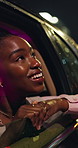 Night, travel or black woman with smile in car, vacation sightseeing or watch city lights in New York. Holiday destination, laugh or tourist in vehicle for late journey, appreciate town or urban view