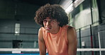 Sweating, tired and man with breath on tennis court, sports training or fitness break for exhaustion. Exercise rest, wellness or padel player with fatigue for game practice, indoor center or workout