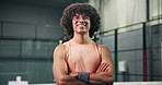 Face, happy man and arms crossed on court for padel, tournament and competition practice with pride. Confident, person and fitness at sports club for tennis training, exercise and workout on weekend.