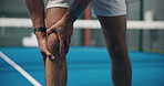 Man, hands and knee pain with injury on padel court for sport accident, emergency or muscle tension. Closeup, male person or player with sore bone, bruise or strain for joint inflammation or pressure