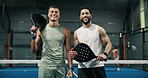 Teamwork, padel and game with face of men on court for fitness, challenge and workout. Competition, tennis player partner and contest with people in sports club for athlete, tournament and training