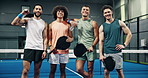 Happy men, face and padel court with team for competition, match or indoor game together. Portrait, male people or tennis players with smile or bat for fitness, sport workout or exercise on turf