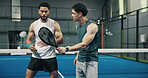 Swing, padel and coaching with men on court for workout, competition and tournament practice. Instructor, challenge and training with people in sports club for match, personal trainer and health