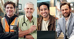 Happy, collage and face of men in office for healthcare, logistics and creative career with confidence. Smile, montage and portrait of male people in workplace with medical, supply chain or business.